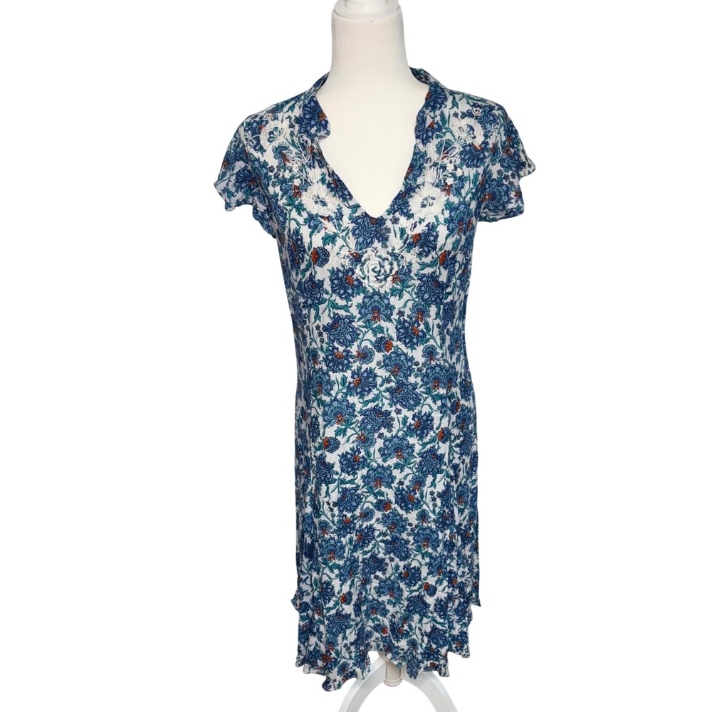 Lola P Blue Floral Midi Dress Short Sleeve Embroidered V-Neck Tie Back sz M boho